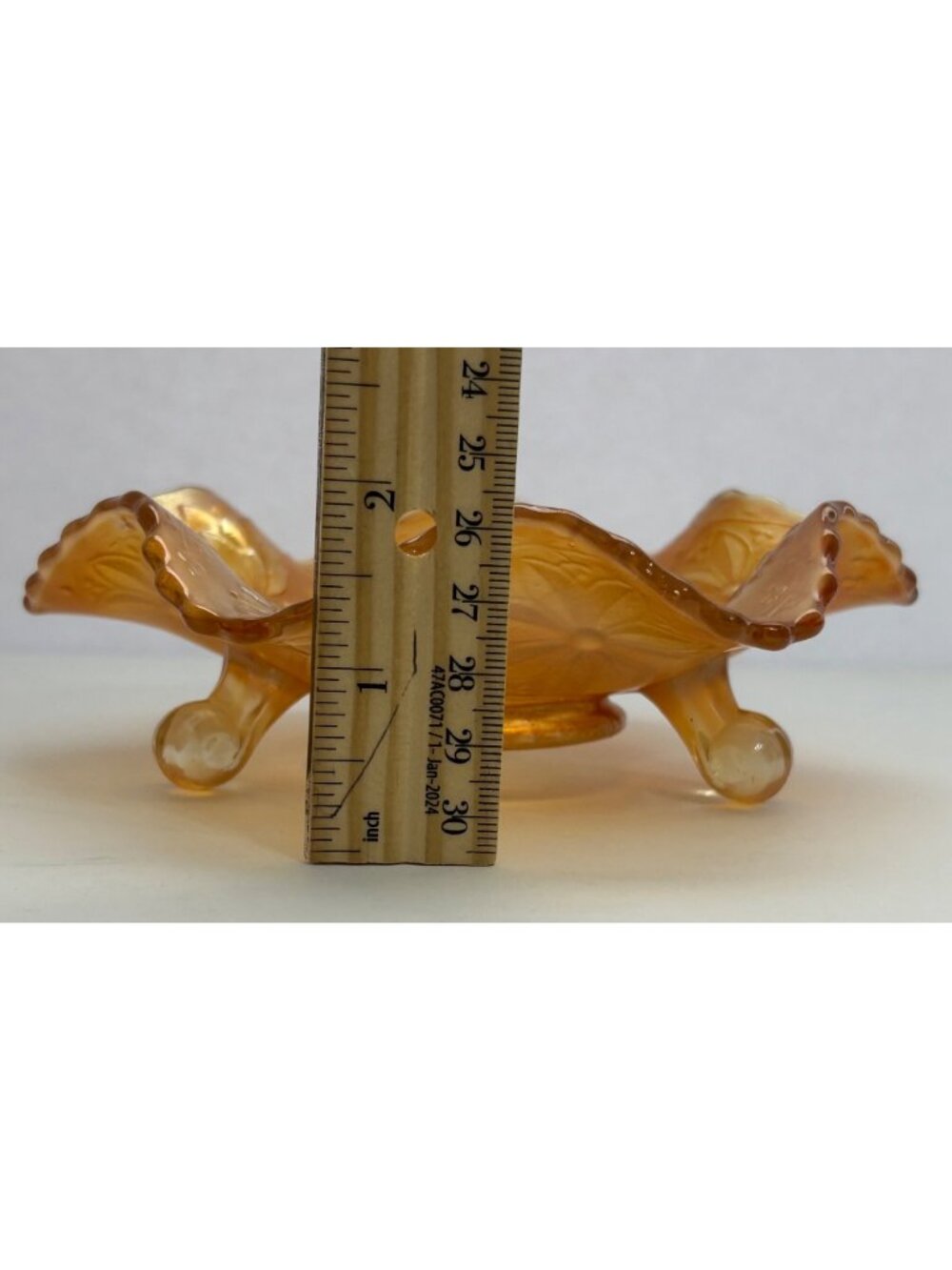 Fenton Carnival Glass Footed Dish Floral Marigold Iridescent Scalloped Edges - Picture 8 of 10